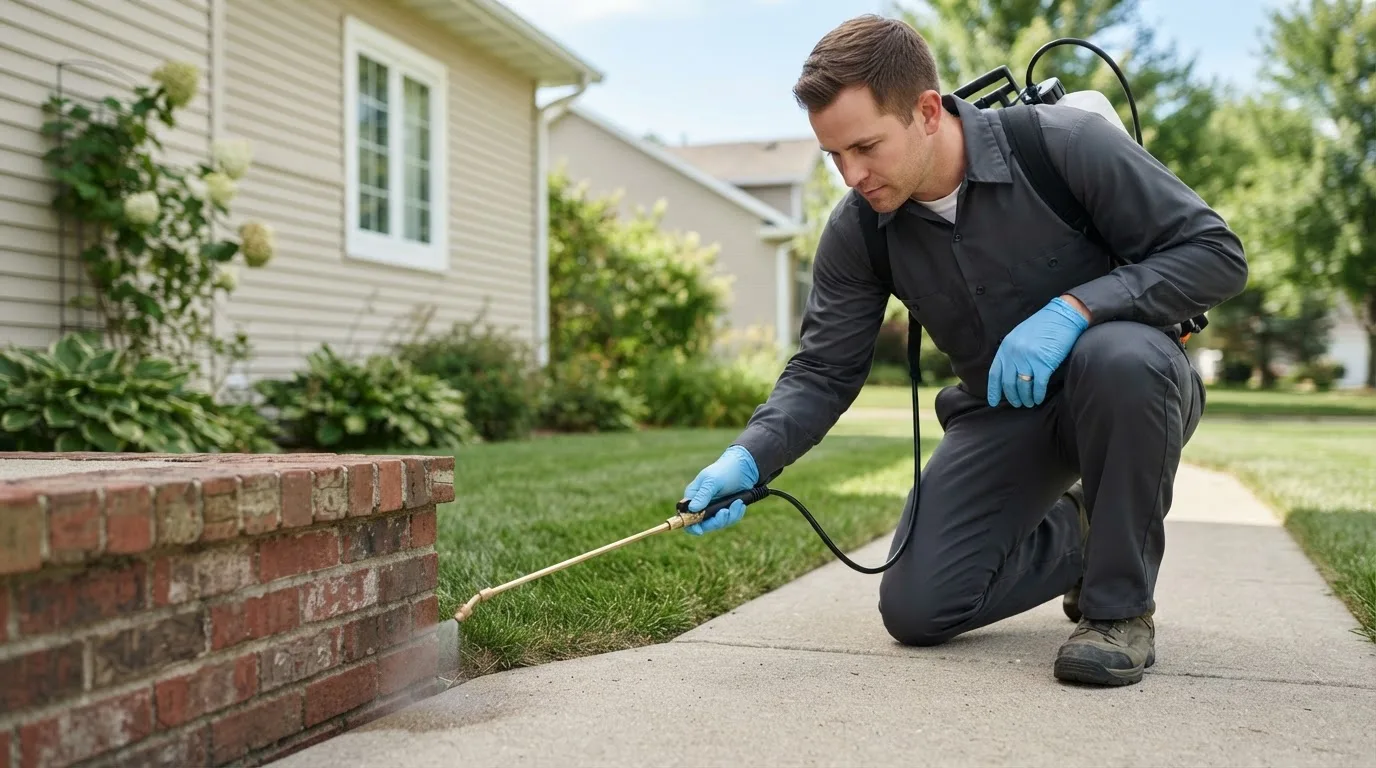 Pest control technician treating a home near Port Jefferson, NY